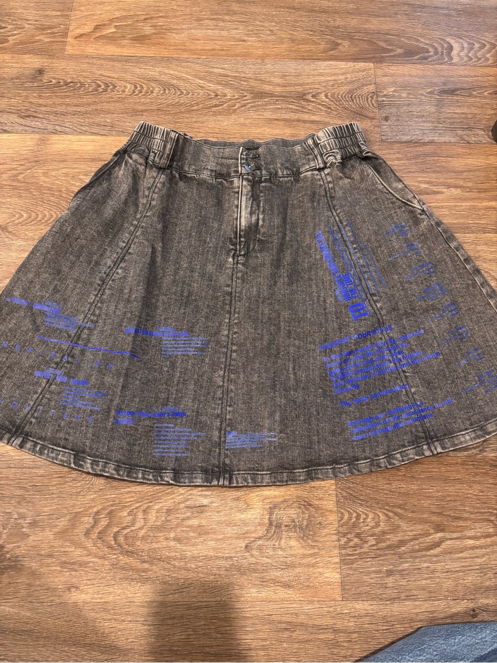 S DEER Concept Acid Wash Denim Mini Skirt Gray Blue Graphic A Line Womens XL